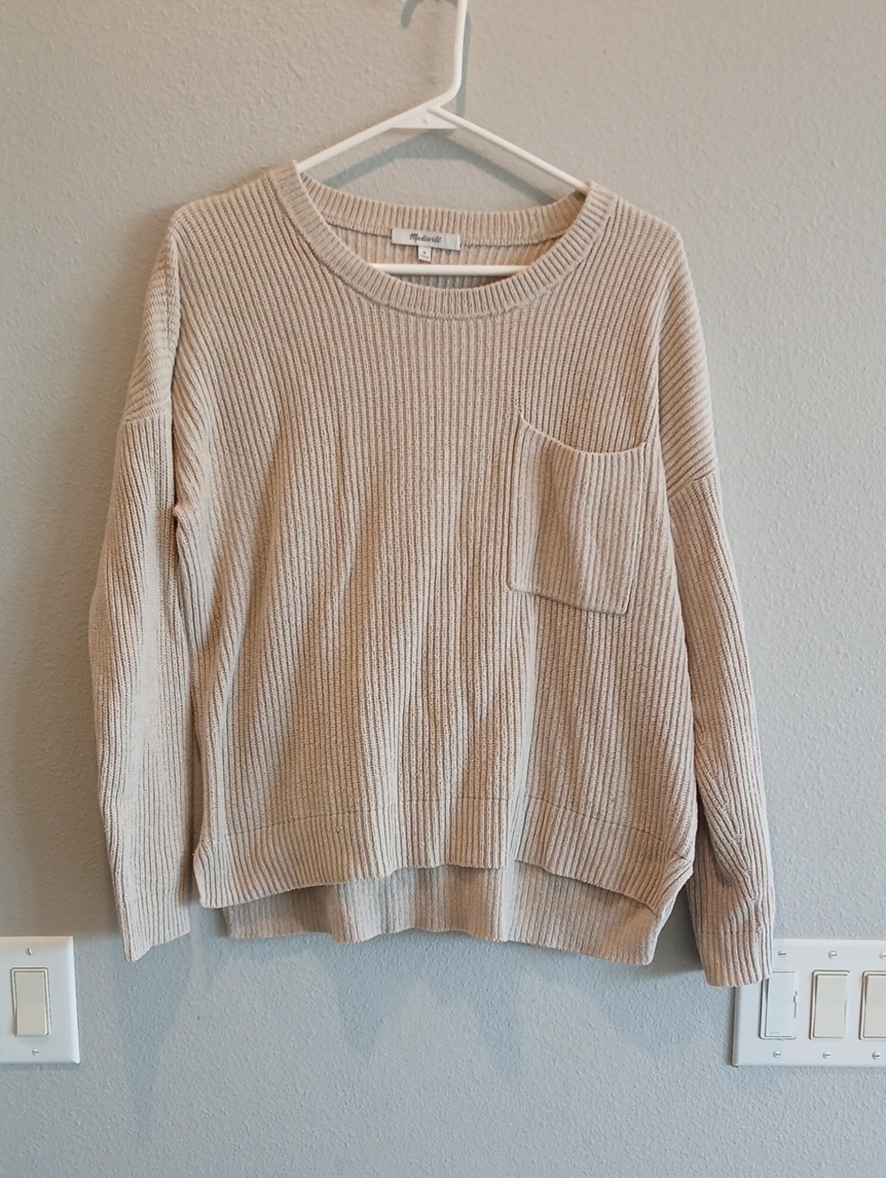Madewell Medium Tan Neutral Ribbed Scoop-Neck Sweater with Pocket